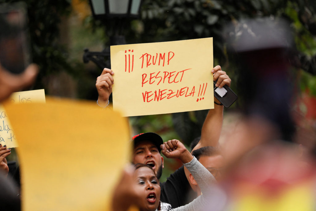 Protest in Caracas against U.S. order to blockade sanctioned oil tankers entering and leaving Venezuela. (Leonardo Fernandez Viloria/Reuters)