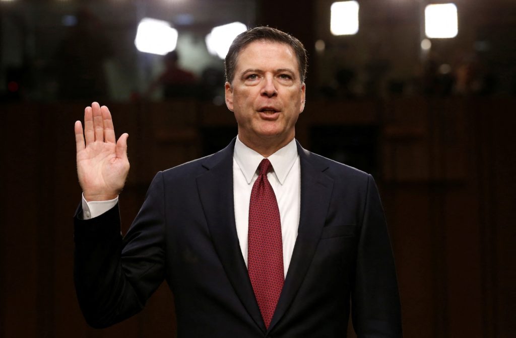Former FBI Director James Comey is sworn in before a Senate Intelligence Committee hearing on June 8, 2017 in Washington, D.C.