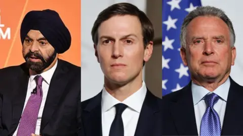 Composite image of Ajay Banga, Jared Kushner and Steve Witkoff