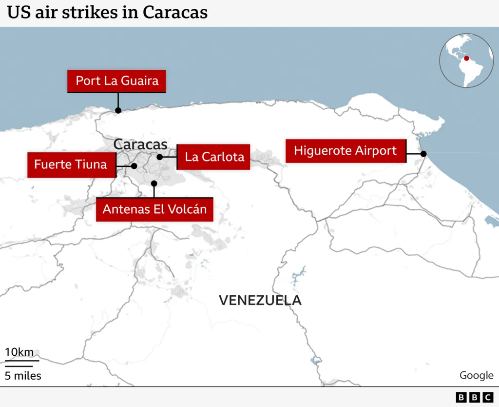 Map with locations reportedly targeted in alleged US strikes around Caracas-La Carlota air base, Fuerte Tiuna, Port of La Guaira, Higuerote Airport, and Antenas El Volcan. Claims unverified.