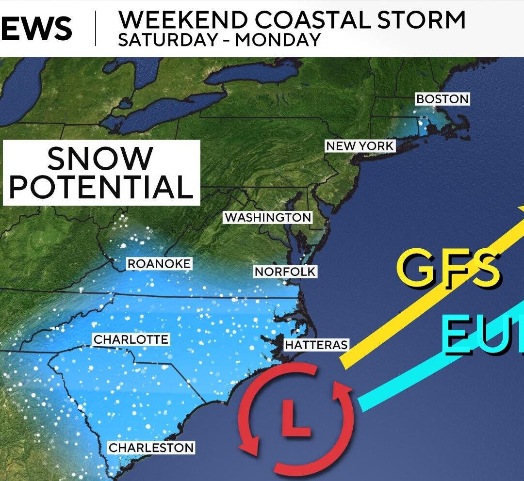 The low-pressure system expected to develop of the coast of the Carolinas could veer northeastward or northwestward this weekend, with the direction it takes dictating how its effects will be felt farther up the East Coast. The turquoise line in the graphic above represents the European forecast model, while the yellow line represents the U.S. model. - cbs