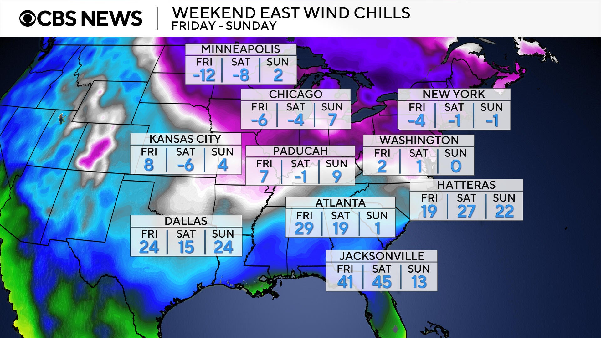 Map of expected wind chills over the next three days showing severe cold across much of the East.