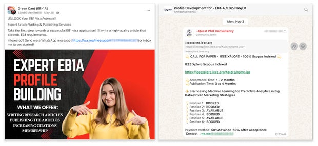Two social media advertisements for ghostwriting services targeting visa applicants
