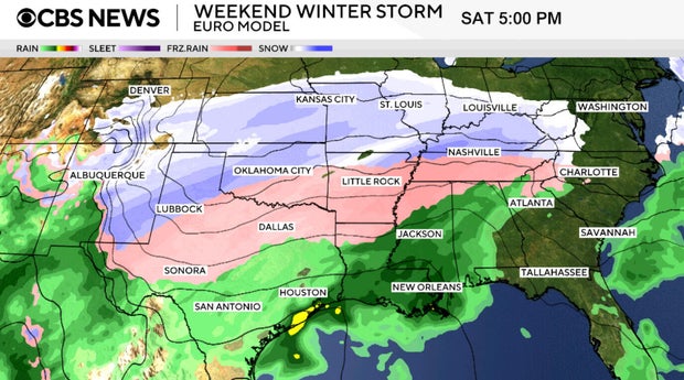 Where freezing rain, sleet, snow and rain are forecast during the Jan. 23-26, 2026 winter storm. (CBS News)