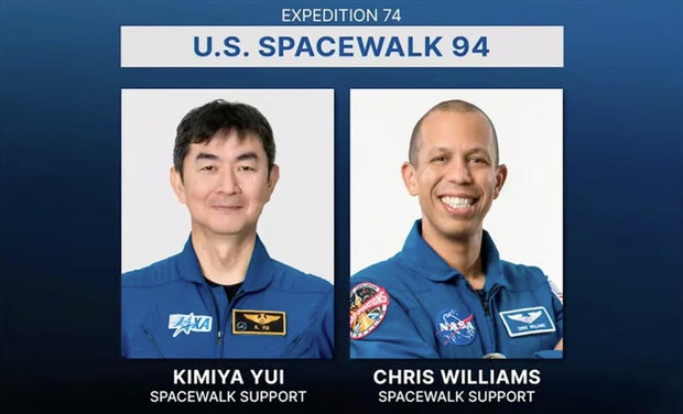JAXA astronaut Kimiya Yui assisting with spacesuit preparations inside the ISS.