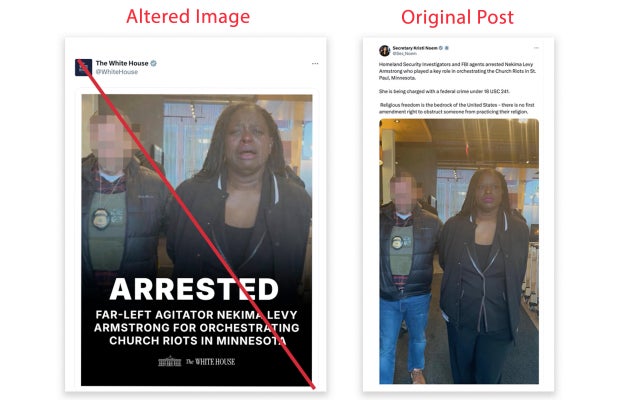 Side-by-side images shared on X: left, a White House post appears to digitally alter attorney Nekima Levy Armstrong to look like she is crying during her arrest; right, an earlier image shared by Kristi Noem shows her with a neutral expression.