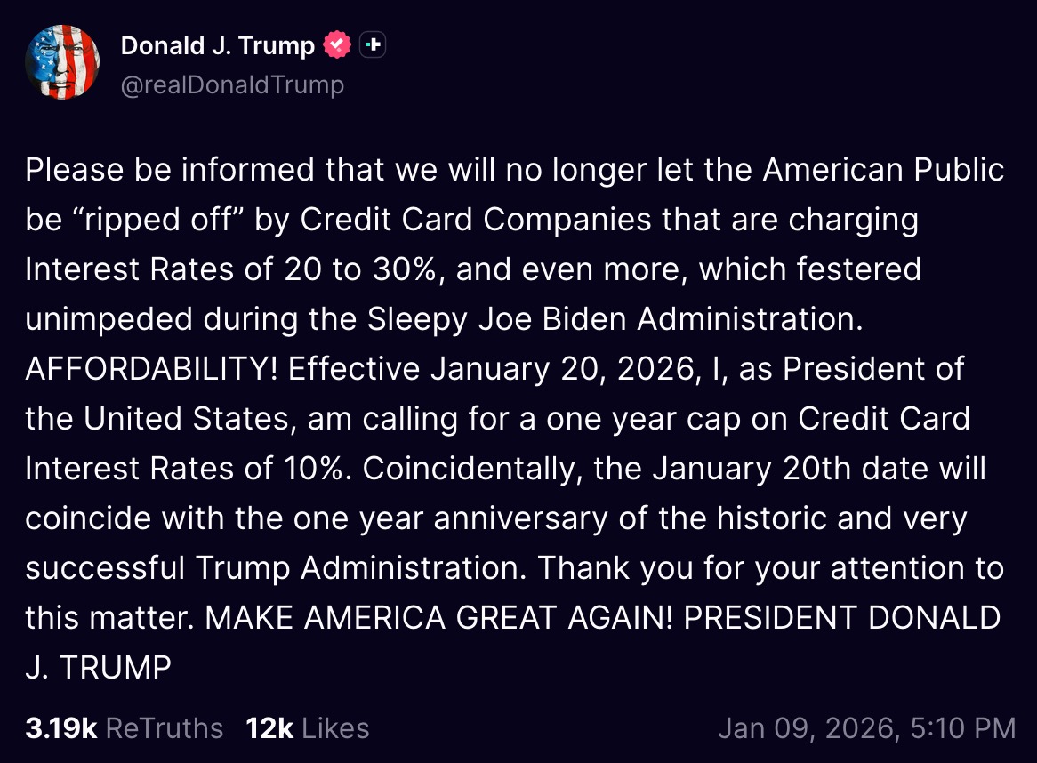 Graphic summarizing the debate over a proposed 10% cap on U.S. credit card interest rates, referencing Trump's claim that Americans are being ripped off by 20-30% rates.