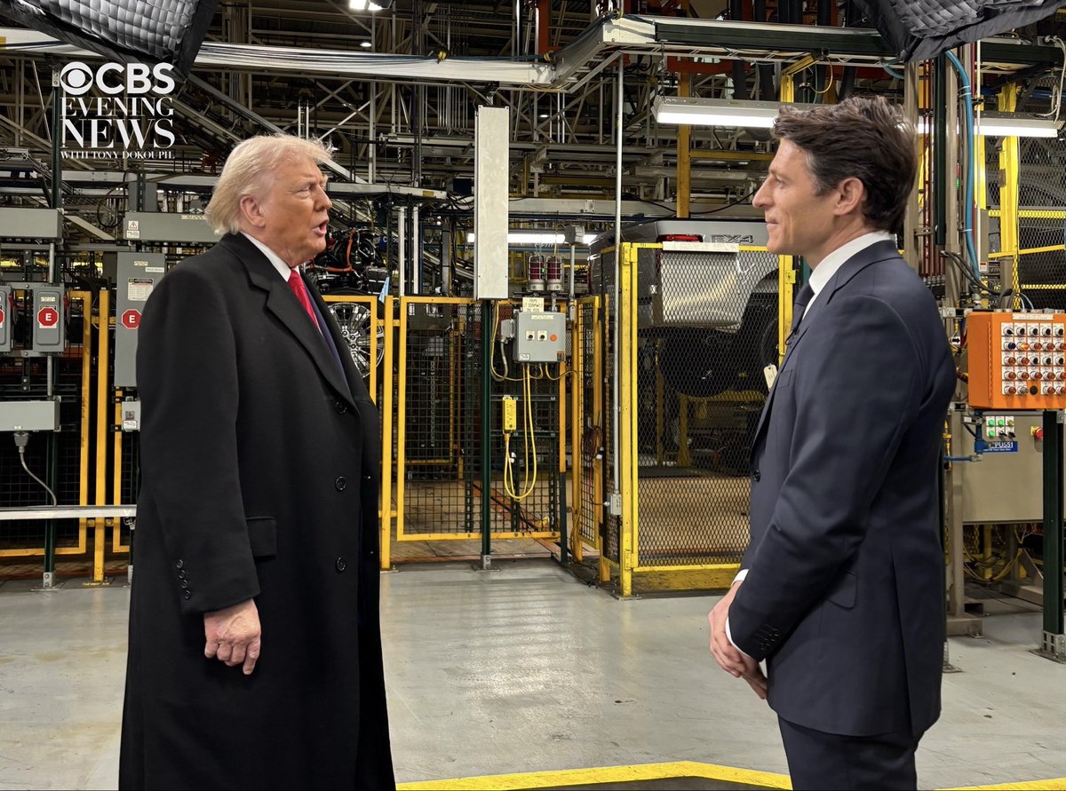 Tony Dokoupil interviews President Donald J. Trump at a Ford factory in Dearborn, Michigan during a CBS Evening News broadcast on January 13, 2026. Photo via CBS News PR on X.