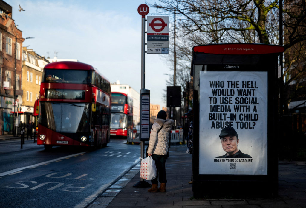A London bus stop poster by protest group Everyone Hates Elon calling for a boycott of Elon Musk's platform X, January 14, 2026.