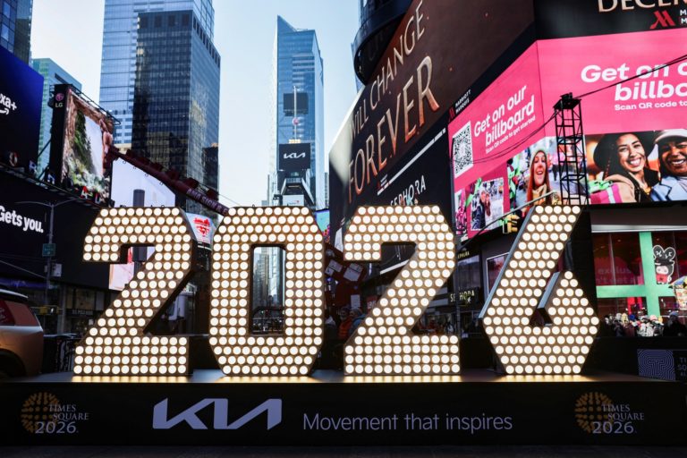 The numerals '2026' arrive for the New Year's Eve celebrations in Times Square, New York City