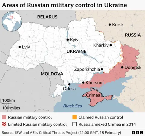 A map showing Russian military control in Ukraine as of 21:00 GMT on 18 February 2026
