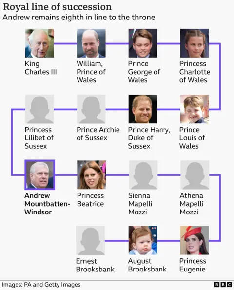 Infographic of the UK royal line of succession showing Andrew Mountbatten-Windsor as eighth in line