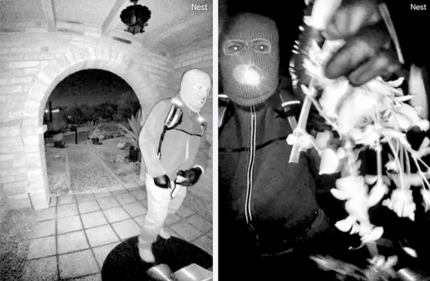 Two FBI-released Nest doorbell stills showing a masked individual outside Nancy Guthrie's Tucson residence.