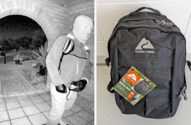 Composite image: surveillance still of a masked person near Nancy Guthrie's home alongside a black 25-liter Ozark Trail Hiker Pack believed to match the backpack.