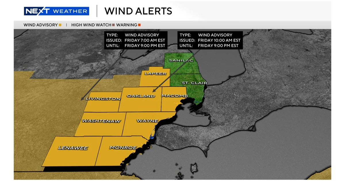 Map highlighting wind advisories across parts of Indiana, Illinois, Michigan, and Ohio.