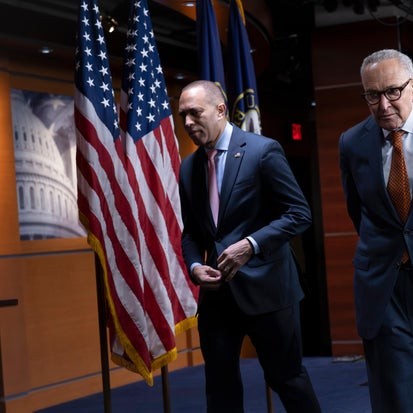 House Democratic leader Hakeem Jeffries, D-N.Y., and Senate Democratic leader Chuck Schumer, D-N.Y., depart after speaking to reporters at the Capitol in Washington on Jan. 8, 2026. (CBS News) - cbs
