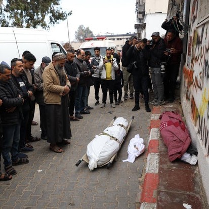 The bodies of Palestinians killed in an Israeli strike, including children, are seen outside Al-Shifa Hospital ahead of funeral procedures, in Gaza City, Gaza, Feb. 4, 2026. - cbs