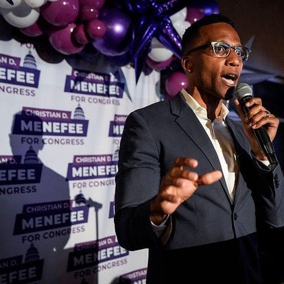 Harris County Attorney Christian Menefee, a candidate for the open House seat in the 18th congressional district, speaks to his supporters during an election night watch party in Houston, on Nov. 4, 2025. - cbs