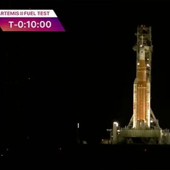 NASA's Space Launch System rocket stands atop pad 39B at the Kennedy Space Center on night of Feb. 2, 2026. - cbs