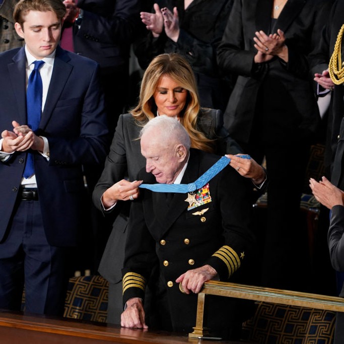 Royce Williams, a 100-year-old Navy aviator and Korean War veteran, receives the Congressional Medal of Honor from first lady Melania Trump during U.S. President Donald Trump's State of the Union address in the House Chamber at the U.S. Capitol in Washington, D.C., Feb. 24, 2026. Photo by Nathan Howard/Reuters - Photo by Nathan Howard/Reuters
