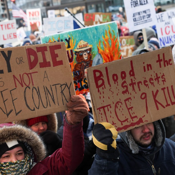 People take part in a demonstration Jan. 25, a day after federal immigration agents fatally shot Alex Pretti in Minneapolis, Minnesota. Photo by Shannon Stapleton/Reuters - pbs