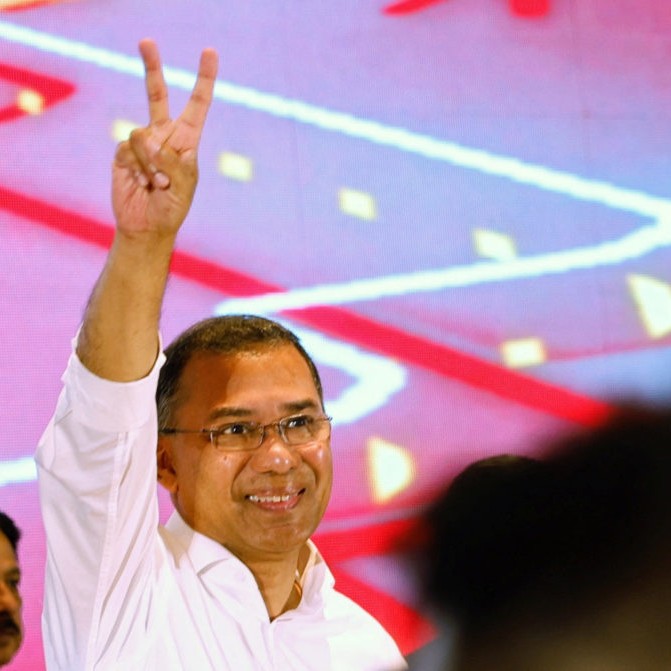 Left: Tarique Rahman, chairman of Bangladesh Nationalist Party (BNP), shows victory sign during a press conference, following the BNP's victory in the 13th general election, in Dhaka, Bangladesh, February 14, 2026. Photo by Mohammad Ponir Hossain/Reuters - pbs