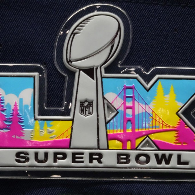 Left: A Super Bowl 60 jersey patch at the Super Bowl LX Experience at the Moscone Center. Photo by Kirby Lee-Imagn Images via Reuters - pbs