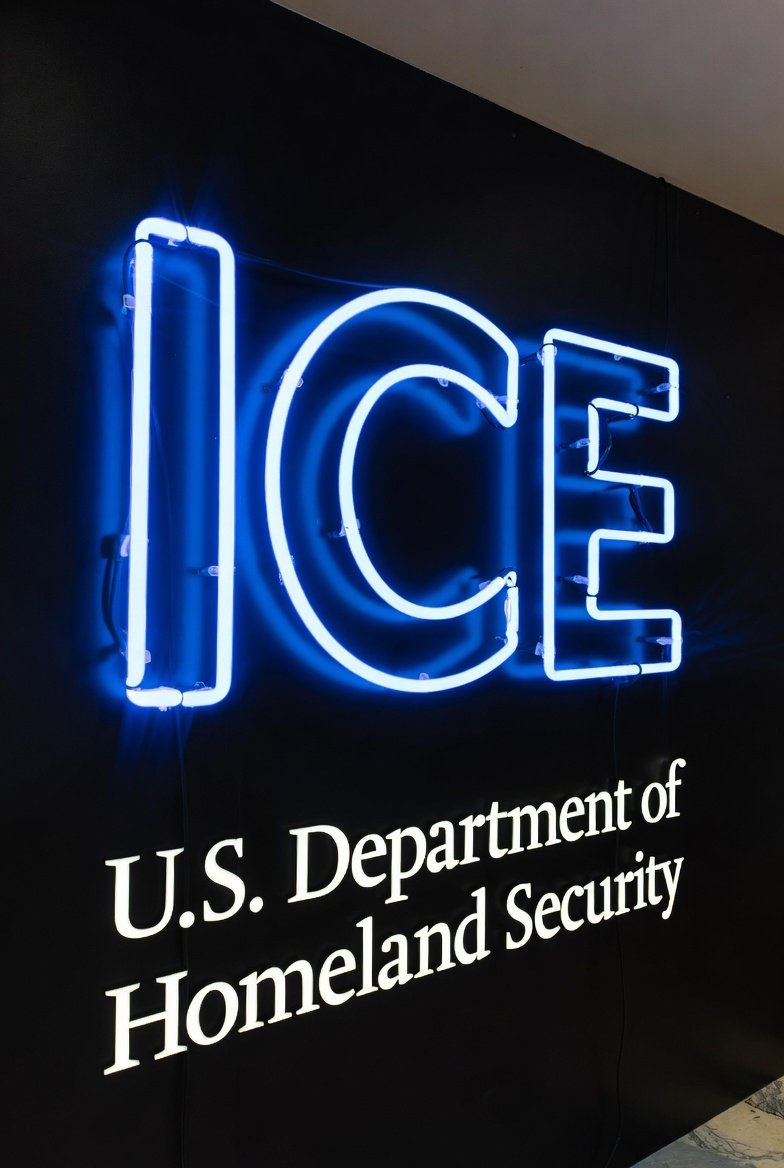 ICE sign with U.S. Department of Homeland Security text illuminated, illustrating immigration enforcement focus.