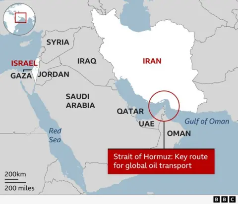 Map showing the Strait of Hormuz between Iran and Oman, a key route for global oil and LNG shipments