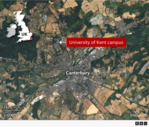 Satellite image showing Canterbury and the University of Kent location.