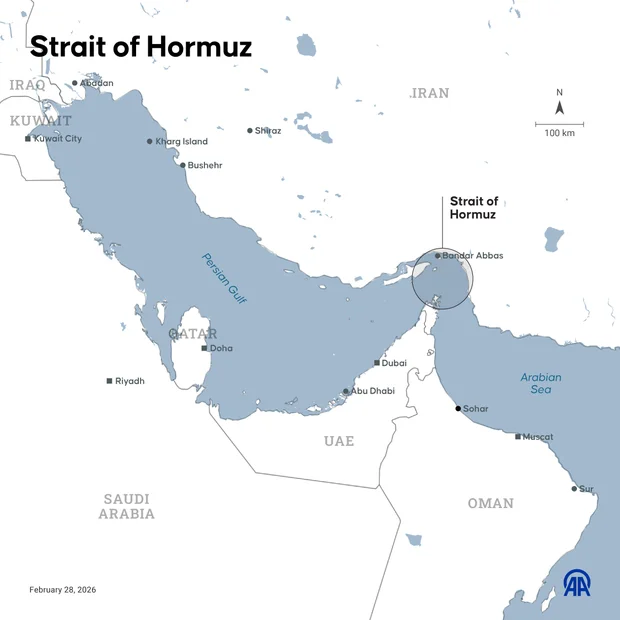 Map of the Strait of Hormuz, a key oil shipping lane linking the Persian Gulf to global markets.