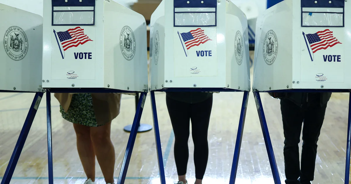 Voting booths at a polling place on primary day.