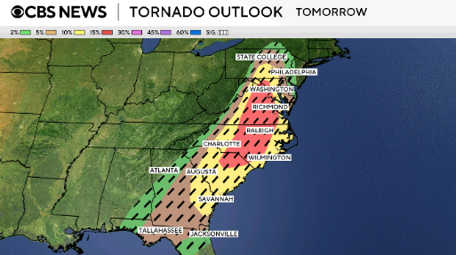 Tornado outlook for Monday, March 16, 2026, showing risk across the eastern U.S.