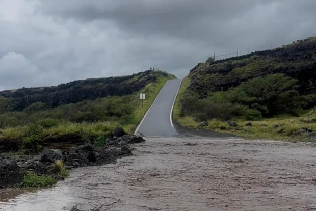 Flooded roadway in Hana, Maui, after days of heavy rain.