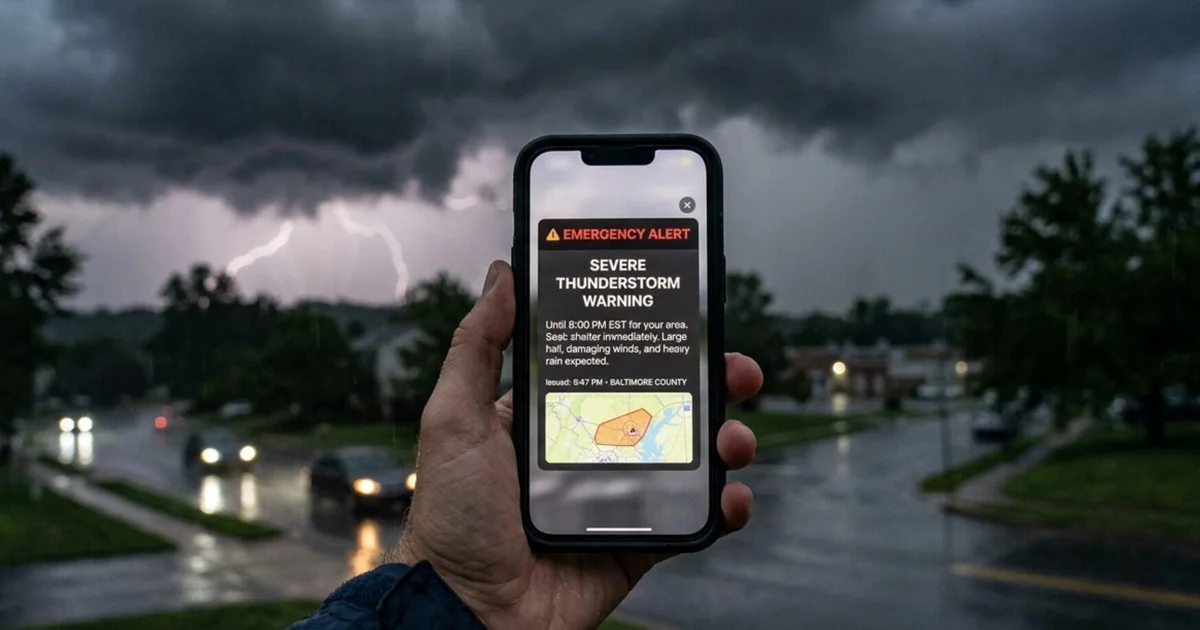 Person holding a smartphone with an emergency weather alert against stormy skies.