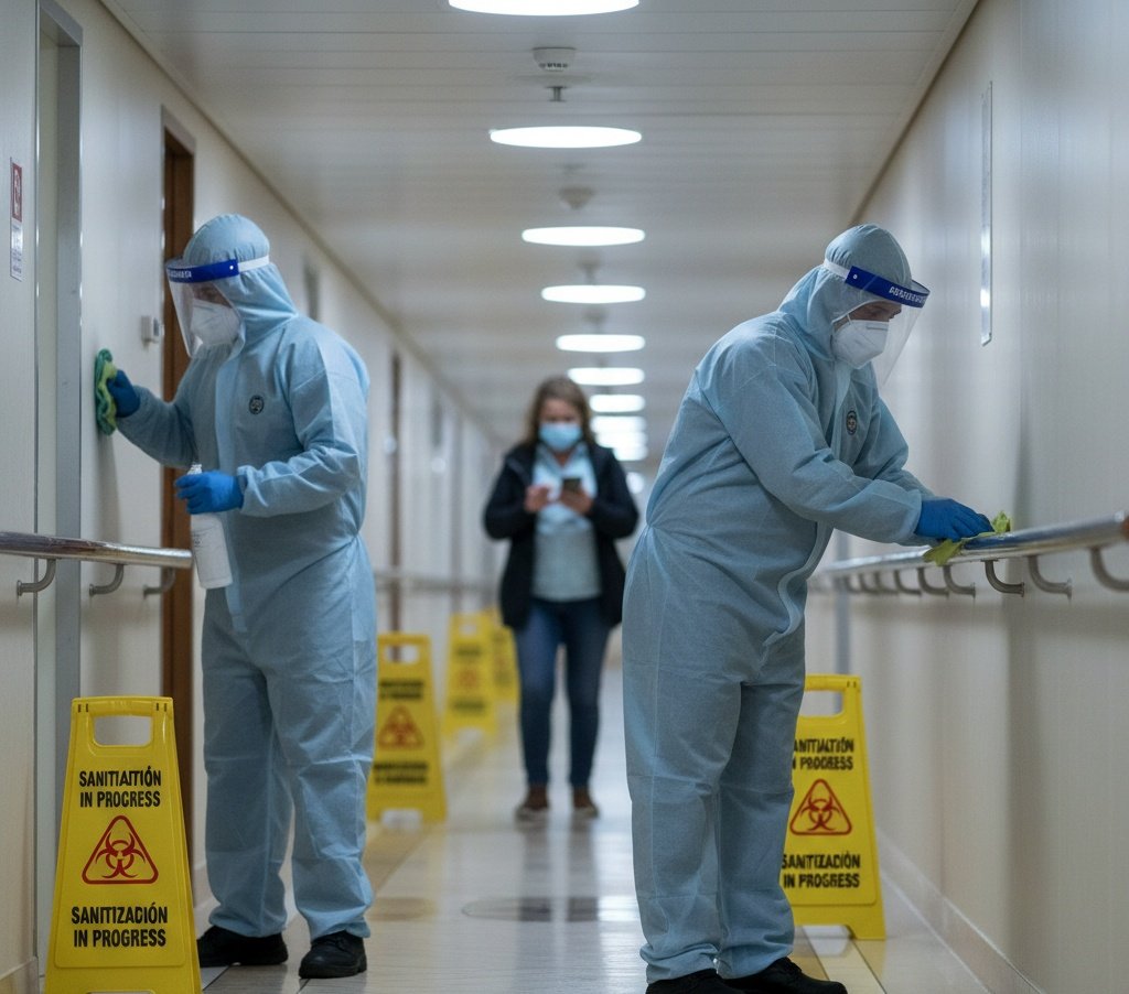 Crew in protective gear disinfecting a cruise ship corridor during an outbreak response.