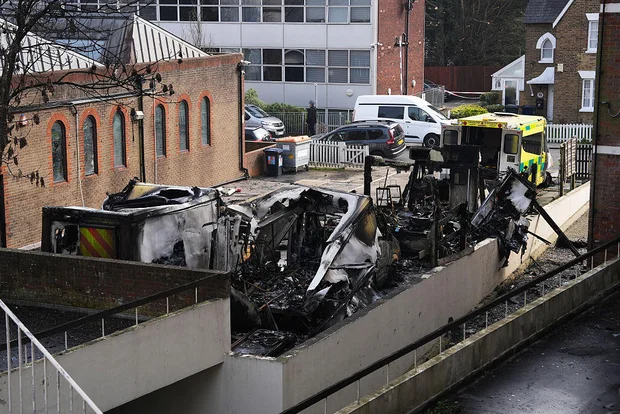 Burned Hatzola Northwest ambulances following an apparent arson attack in Golders Green, London.