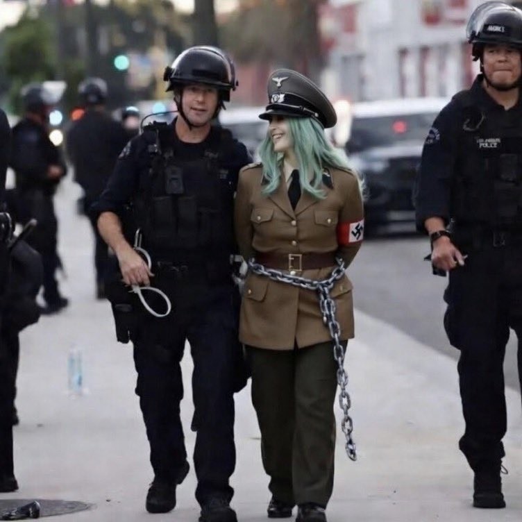 That's it. That's the best picture from Saturday's No Kings protests in the USA. Literal Adolf Hitler being detained by police. It doesn't get much more poetic than this. https://t.co/mnrLgia84i - X / davo_arid