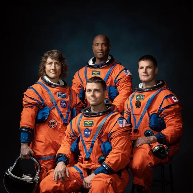 The Artemis II crew's official NASA portrait. Back row, left to right: astronaut Christina Koch, pilot Victor Glover, Canadian astronaut Jeremy Hansen. Front: mission commander Reid Wiseman. - NASA