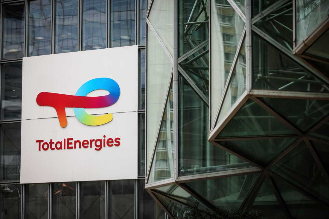 TotalEnergies headquarters sign at La Defense business district near Paris, March 21, 2025. (Thomas Padilla/AP)
