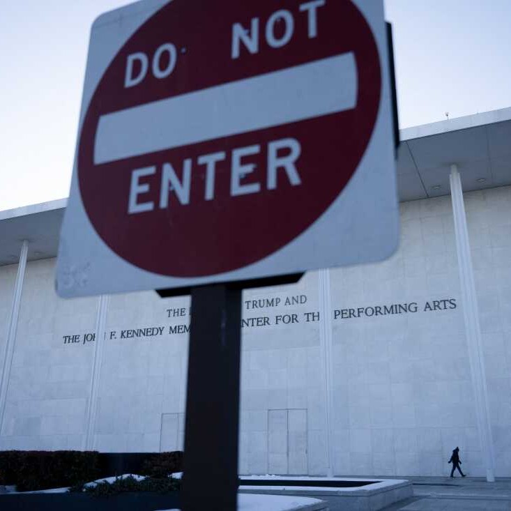 A view of the Kennedy Center in Washington, D.C., in February. On Monday, a group of eight architecture and culture groups filed a federal lawsuit against President Trump and the arts complex's board to halt a planned renovation. - Brendan Smialowski/AFP via Getty Images