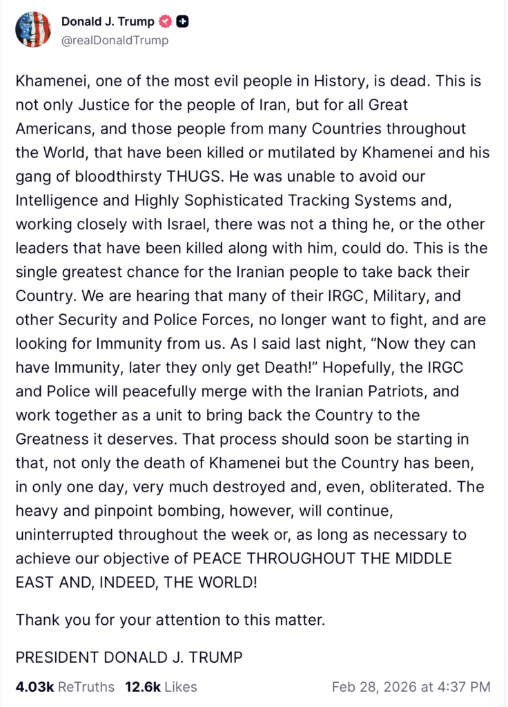 Screenshot of President Donald Trump's social media post claiming Iran's Supreme Leader Ali Khamenei was killed