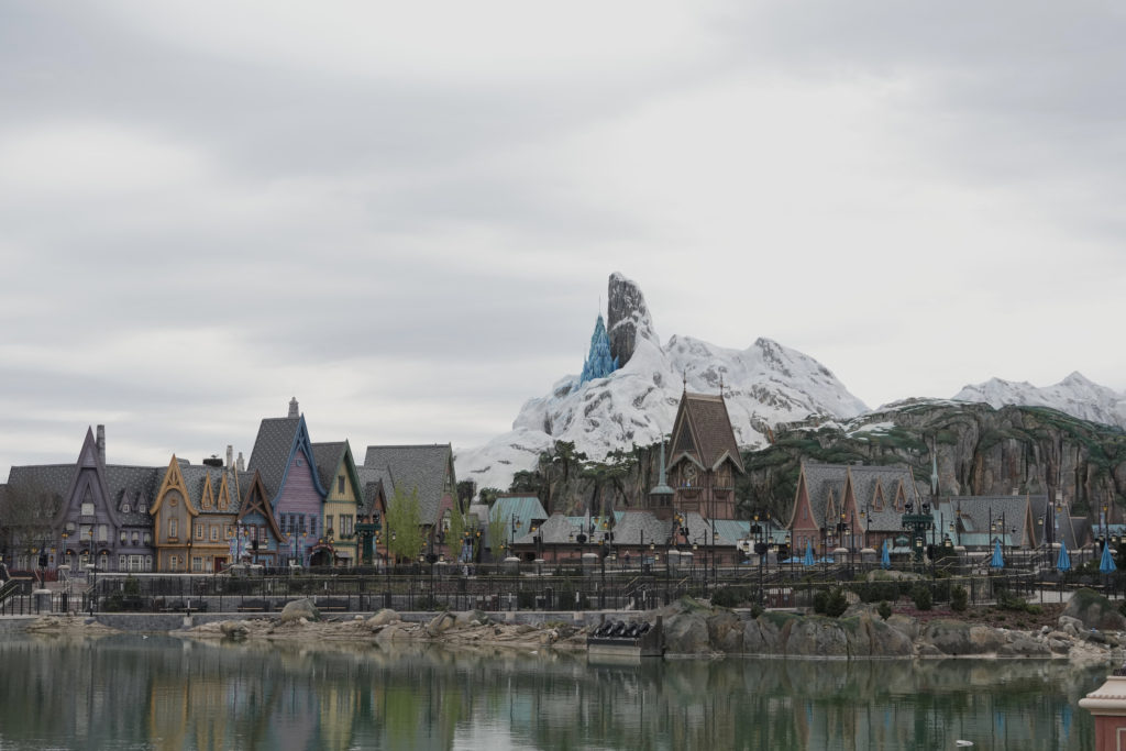 World of Frozen's Arendelle village and artificial mountain at Disneyland Paris