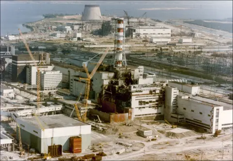 The damaged reactor 4 at Chernobyl photographed three days after the explosion