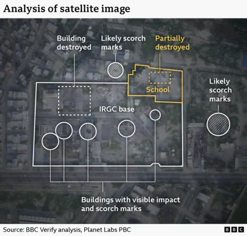 Annotated satellite image highlighting scorch marks at a school site in Minab, Iran, used by BBC Verify.