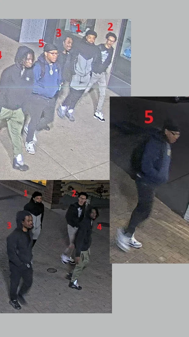 Composite images released by Iowa City Police showing five persons of interest sought in connection with the downtown shooting near the University of Iowa.