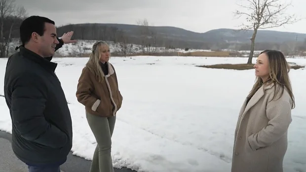 Robert Costa with Kayleigh Cornell and Sarah Gabriel at a proposed data center site in Archbald, Pennsylvania