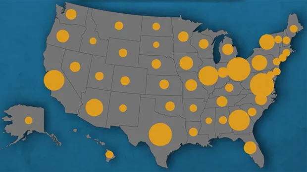 Map showing the concentration of data centers across the United States