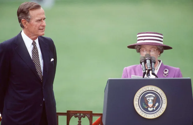 Queen Elizabeth II and President George H. W. Bush deliver remarks during her 1991 U.S. visit