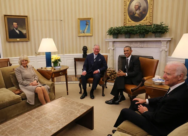 Prince Charles and Camilla with President Barack Obama in the Oval Office, 2015